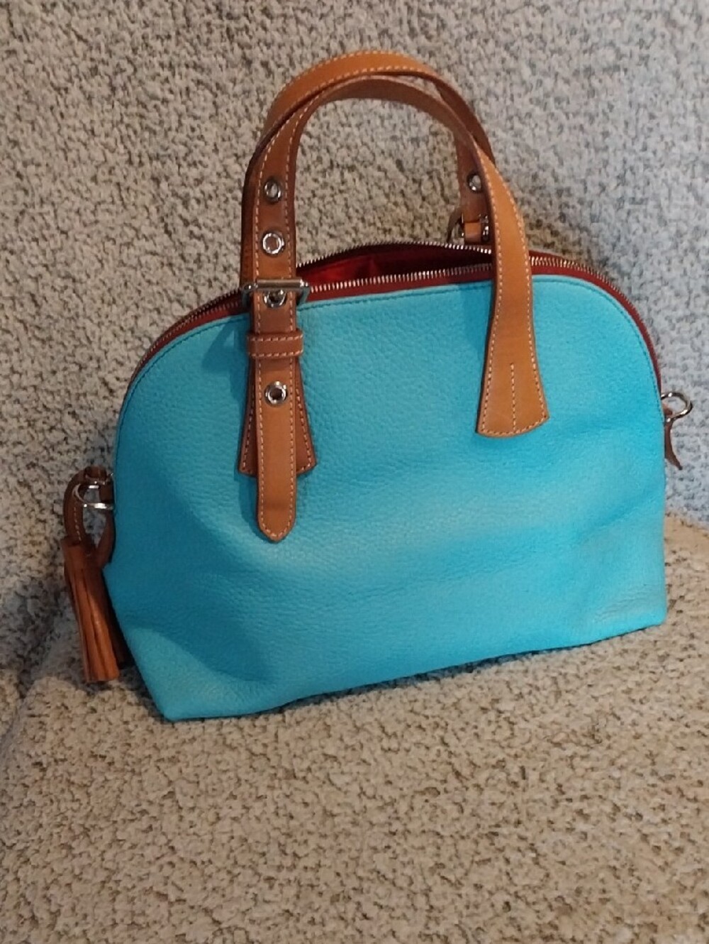 Dooney & Bourke Turquoise Dome Satchel with Tan Leather Trim - Picture 3 of 3